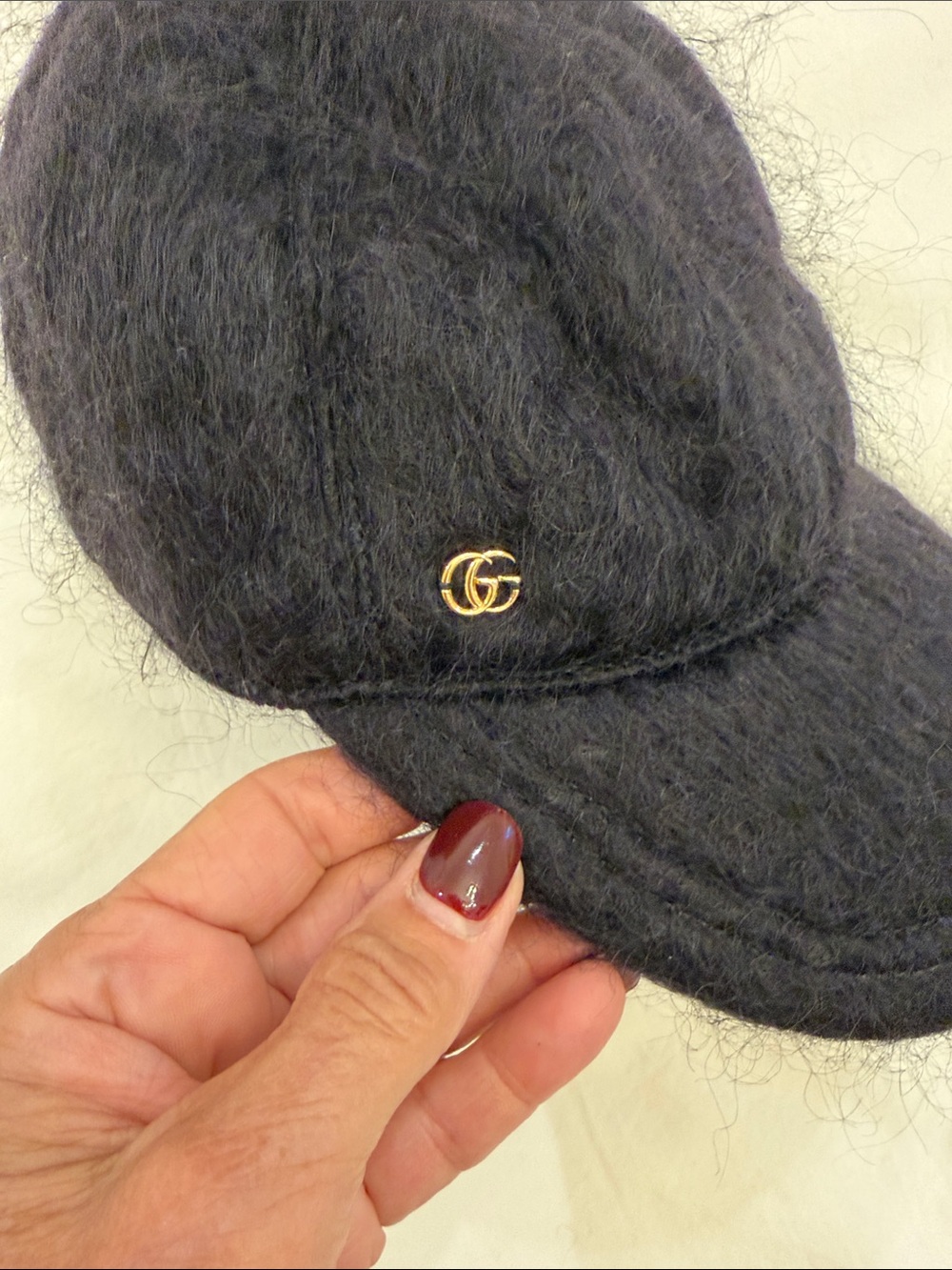 Gucci Black Mohair Baseball Cap with Gold GG Emblem